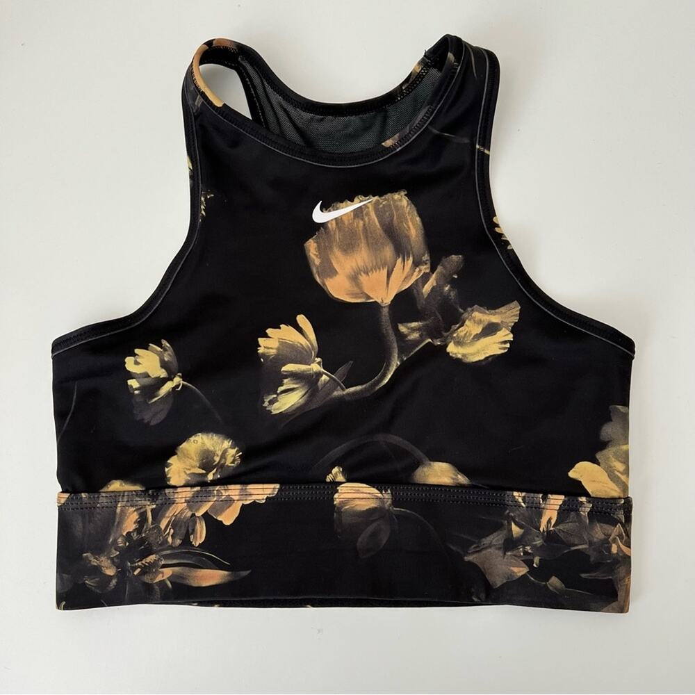 Nike Everything Bra Black Yellow Floral Print mesh keyhole back